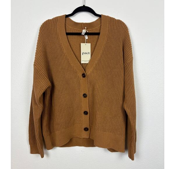 NWT Pact Luxe Knit Cropped Cardigan Organic Cotton Camel V Button Front XL - Picture 2 of 5